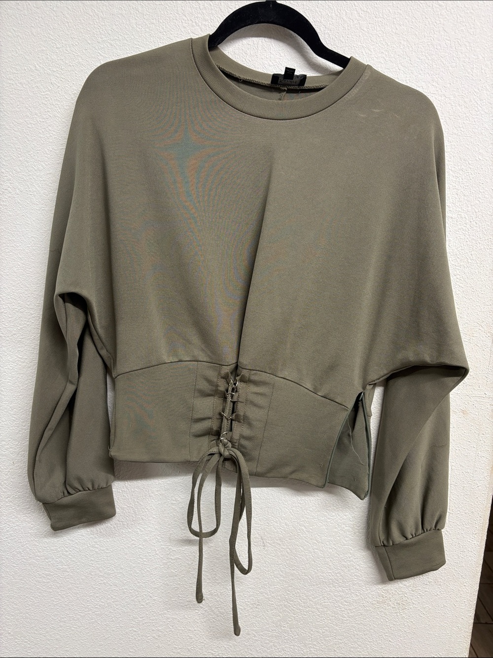 Bardot Olive Lace-Up Cropped Sweatshirt
